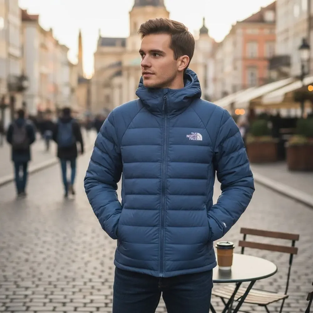 The North Face Puffer Jacket Belleview Down Mens Medium Blue‎ Hoodie Stretch